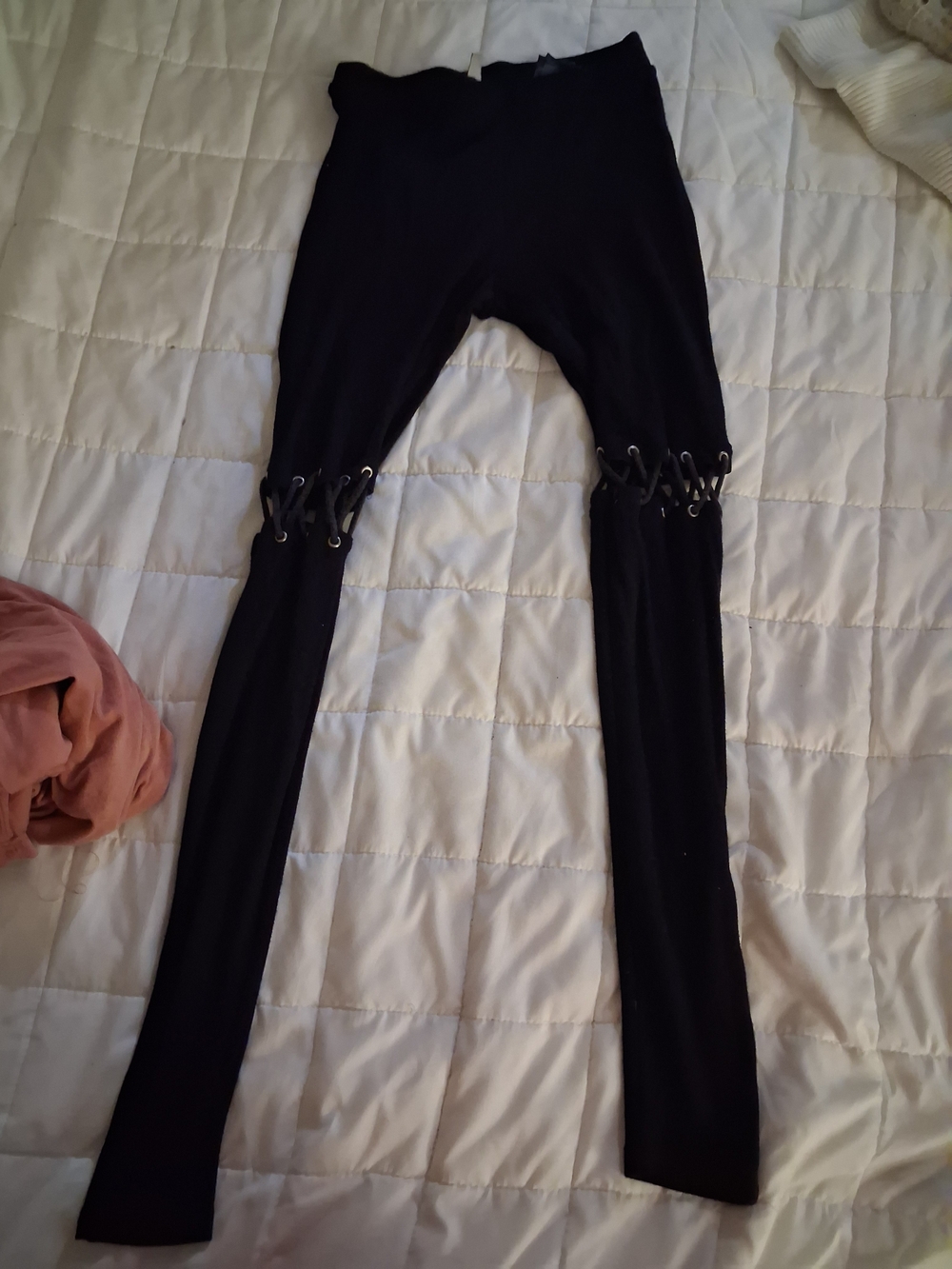 Divided Black Lace-Up Ponte Leggings with Eyelet Detail